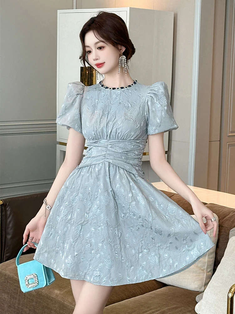 French Elegant Retro Mini Dress for Women Celebrtity Bubble Sleeve Corset Pleated Ball Gown Female Party Banquet Vestidos Mujer