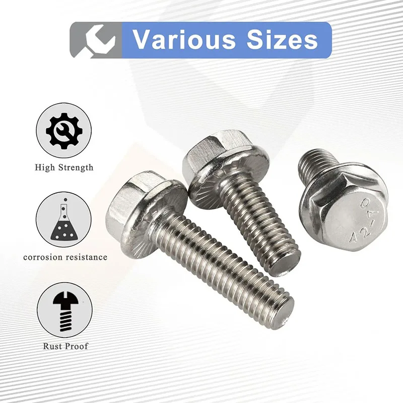 3/5/10/20pcs A2-70 316 Stainless Steel Hex Flange Bolt Hexagon Washer Head With Serrated Flange Cap Screw M5~M10 Length:8-50mm