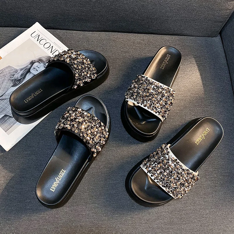 Thick Soled Slippers 2024 New Rhinestone Thick Sole Slippers Summer Fashion Slippers Cool Size 41-43
