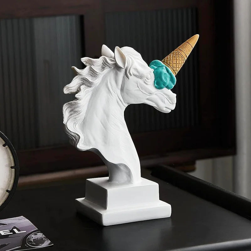 YuryFvna Creative Ice Cream Horse Head Statue Resin Abstract Animal Figurines Sculpture Home Office Desktop Art Decoration Gift