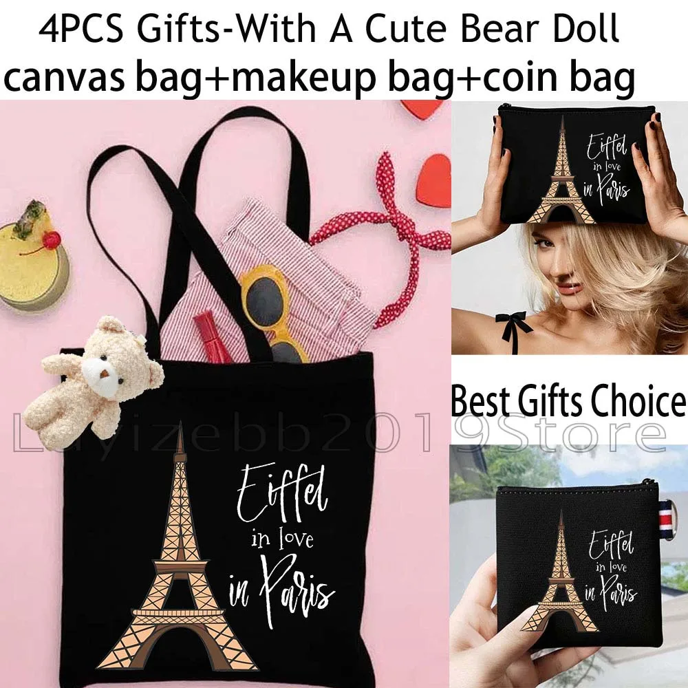 4PCS Hike Hiking Lover Gifts Black Shopper Canvas Tote Bag Casual Handbag,Cosmetic Makeup Bag,Coin Purse Wallet Zipper Pouch