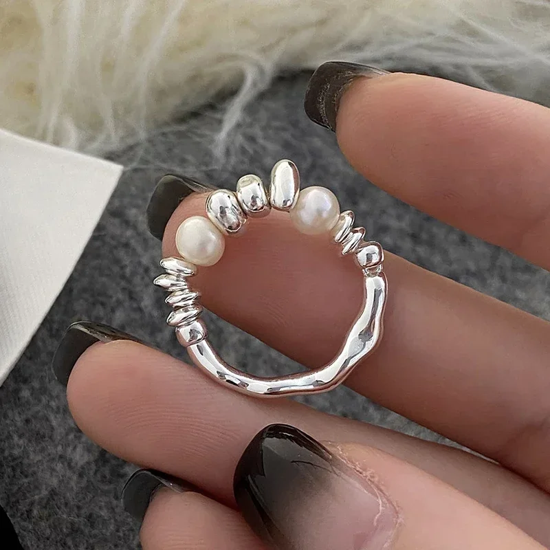 Real 925 Sterling Silver Freshwater Pearls Round Rings for Women Trendy Adjustable Fine Jewelry Minimalist Accessories