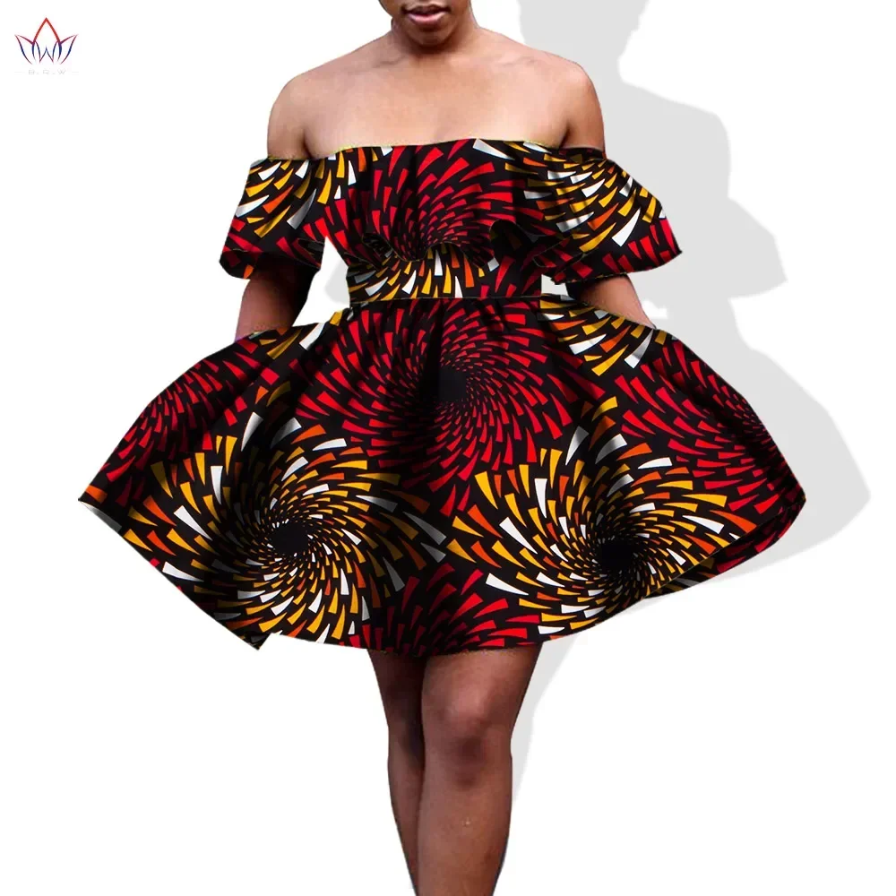 Bintarealwax Summer African Dress for Womans Mini Puff Sleeve African Dresses Plus Size Dress Strapless Ball Gown WY1046