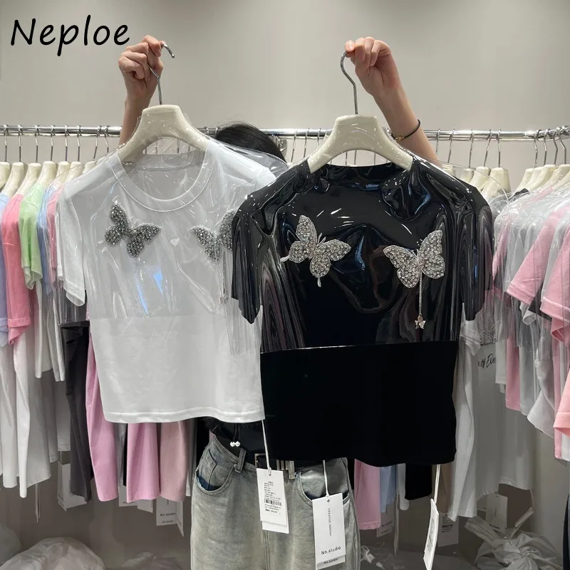 Neploe Fashion Heavy Beading Butterfly T-shirts Y2k O-neck All-match White Tops Women 2024 Summer New Short Sleeve Tee Shirt