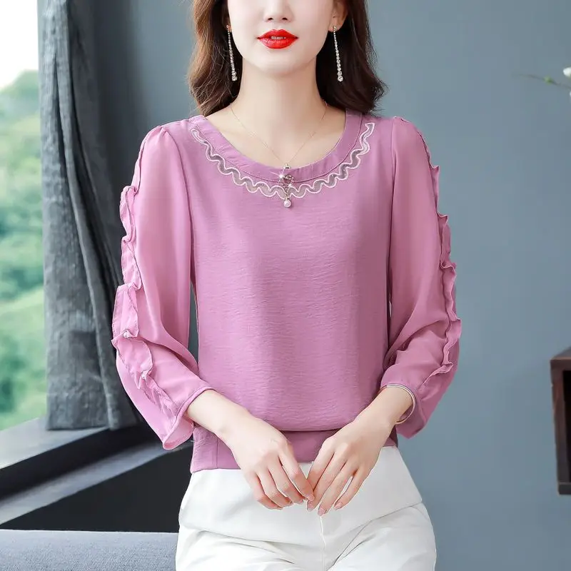 

Stylish Summer Casual Solid Color Pullovers Female Hollow Out Elegant Ruffles Beading Chic Three-dimensional Decoration T-shirt