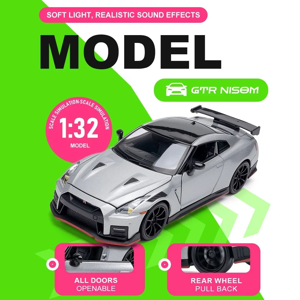 

Масштабные модели спортивных автомобилей 1:32: Nissan GT-R, NISOM, BMW R8 GTE. Коллекционные игрушки из сплава с функцией звука и света, открывающимися дверями и откатным механизмом. Суперкары.