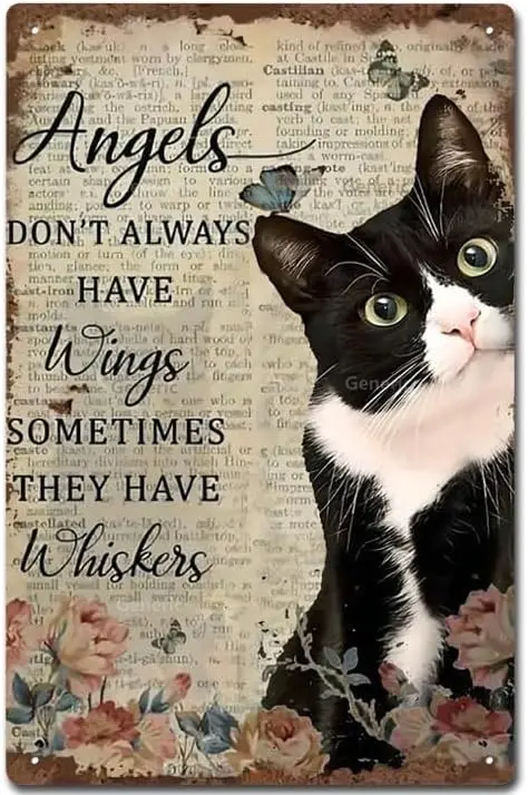 Angels Don’t Always Have Wings Cat Metal Signs Man Cave Bar Pub Club Home Wall Decor,Black and White Tuxedo Cat Tin Signs for Ca