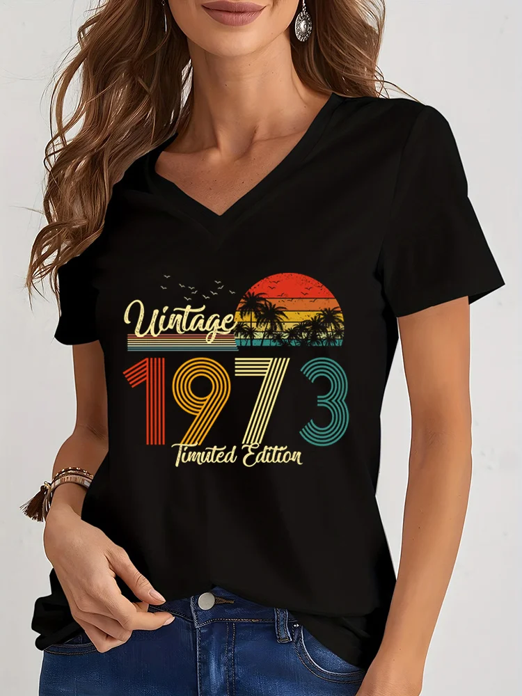 T-shirt manches courtes col V femme, estival et décontracté, avec impression vintage, pour fête d'anniversaire, 1974