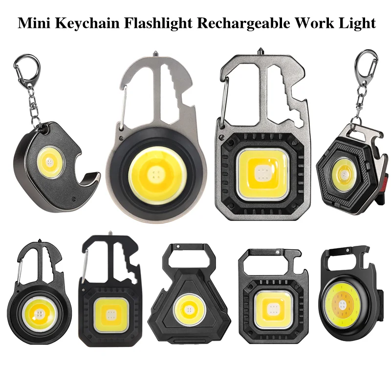 Mini LED Working Light Portable Pocket Flashlight USB Rechargeable Key Lamp with Folding Bracket Bottle Opener Keychain Lantern