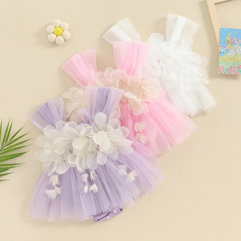 Toddler Baby Girls Tulle Romper Skirts Cute Summer Jumpsuits Dress Children Sleeveless 3D Flower Decor Bodysuits Outerwear