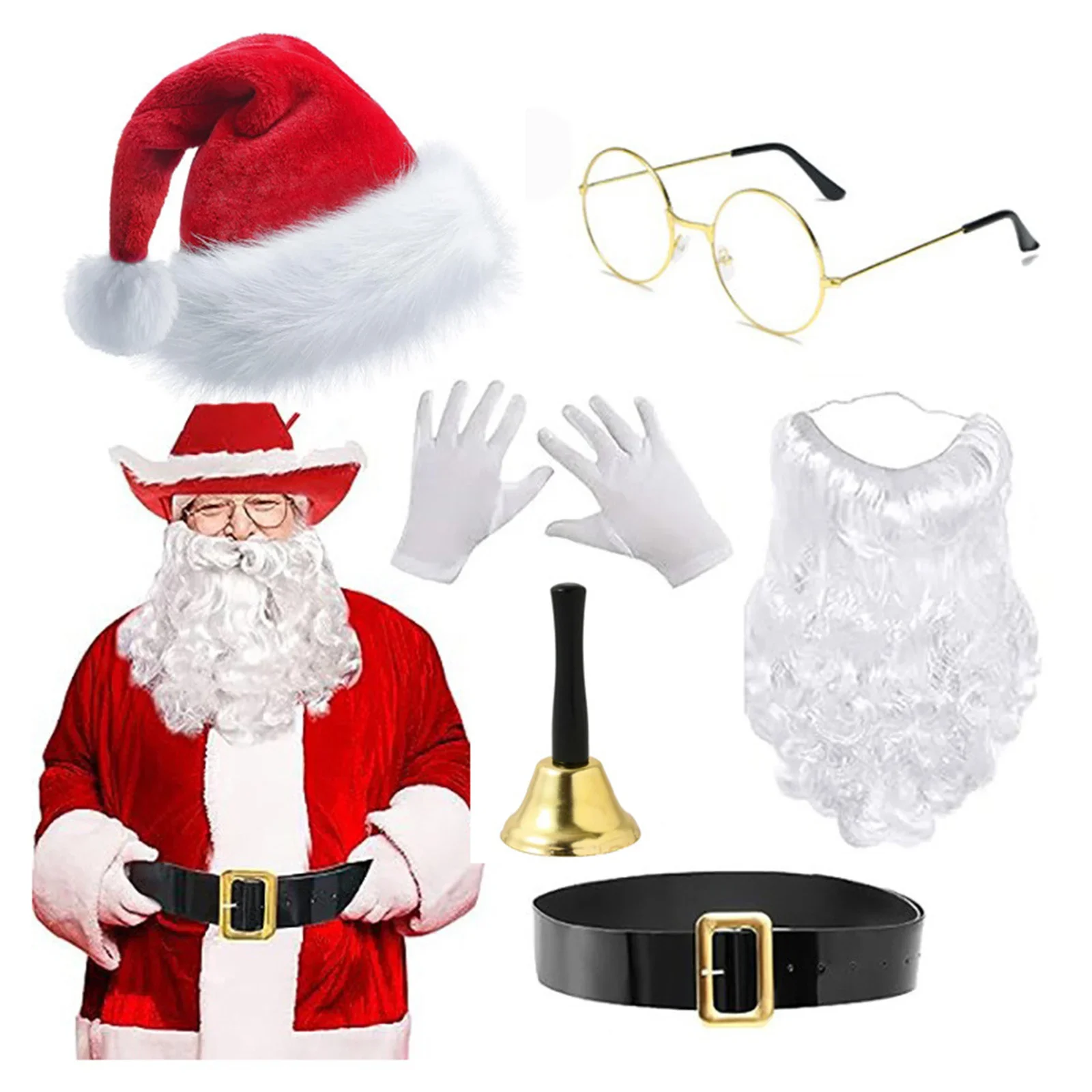 Christmas Gift Santa Claus Party Party Red Cowboy Hat White Beard Glasses Belt Glove Set