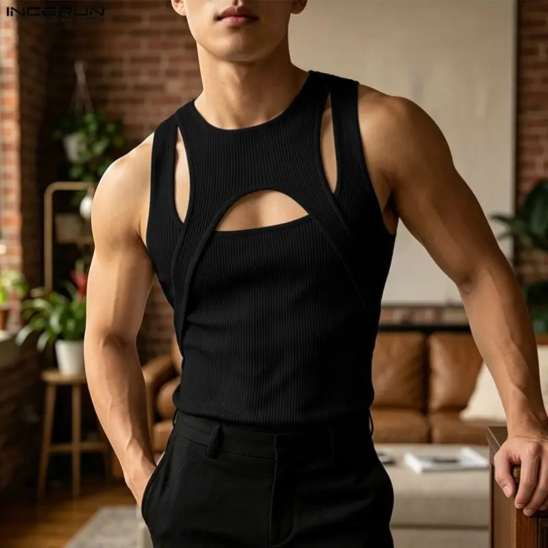 INCERUN Men's Tank Tops Solid Color O-neck Sleeveless Casual Male Vests Streetwear Hollow Out Fashion Irregular Tops Men Clothes