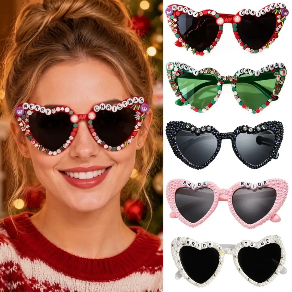 Funny Christmas Decorative Glasses Merry Christmas UV400 Protection Heart-shaped Frame Sunglasses Imitation Pearl Fashion