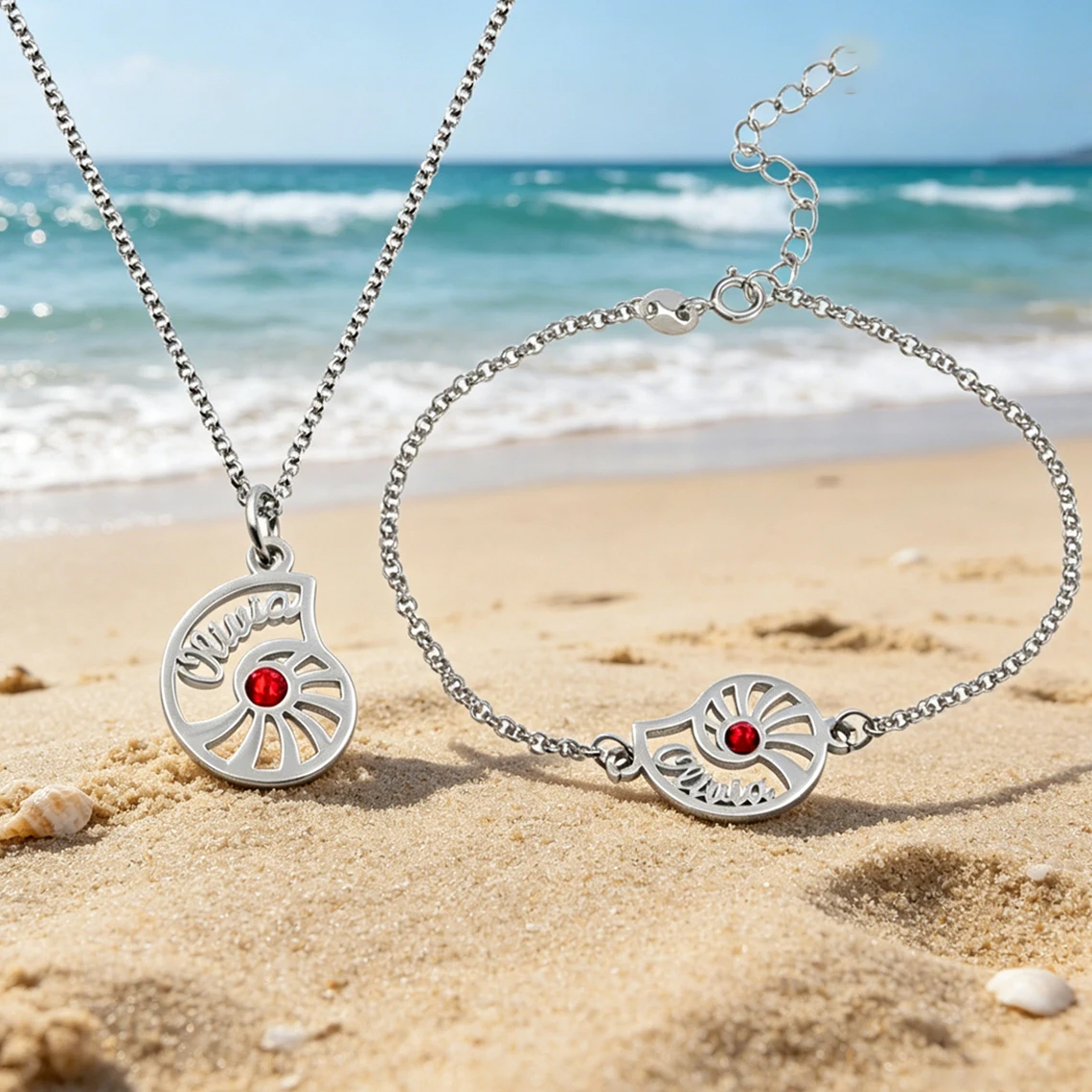 

Customized Name Birthstone Conch Pendant Necklace Bracelet Jewelry Sets for Kids Women Stainless Steel Conch Set Birthday Gift