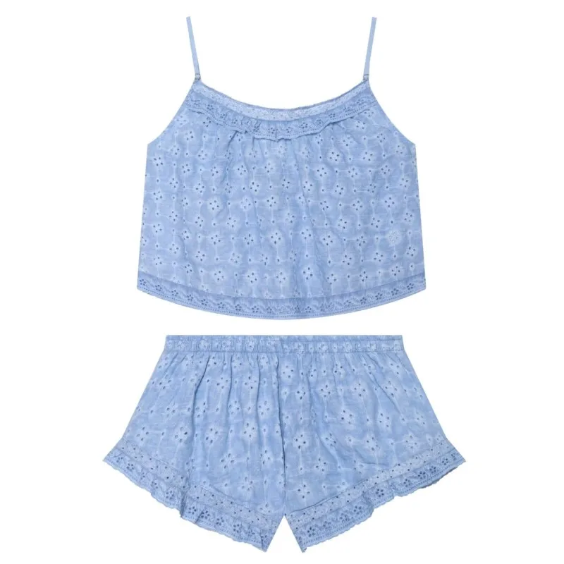 Women's Embroidered Hollow Washed Shorts Sets Summer V-neck Thin Straps Ruffles Top Elasticity Waist Shorts Fashion Casual