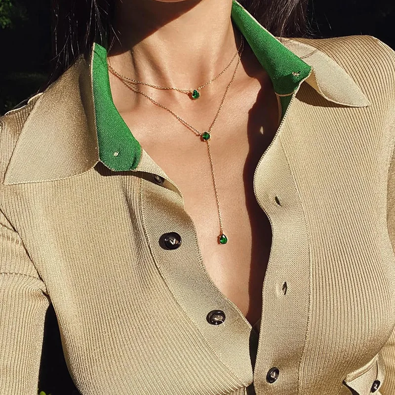 Haute qualité 18K plaqué or vert larme cubique zircone Double couche tour de cou Long Y Lariat collier Sexy femmes bijoux