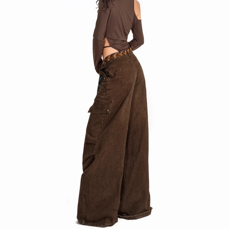 American Retro Pleated Women's Cargo Pants 2025 Autumn Winter New Wide-Leg Floor-Length Fleece-Lined Warm Versatile Jeans Ladies