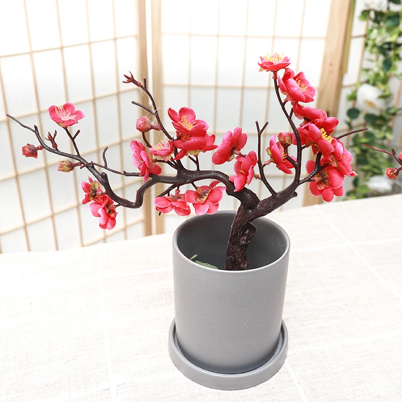 Silk Red Plum Artificial Flowers Plum Blossom Branch Vases Wedding Home Room Office Decoration Fake Bonsai Plant Flowers