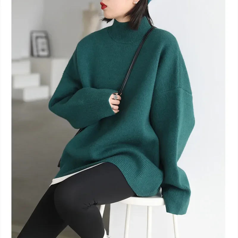 Winter Warm Pullover Sweater Women Europe and America Fashion Simple Solid Color Loose Half-high Neck Knitted Top Sweater Jumper