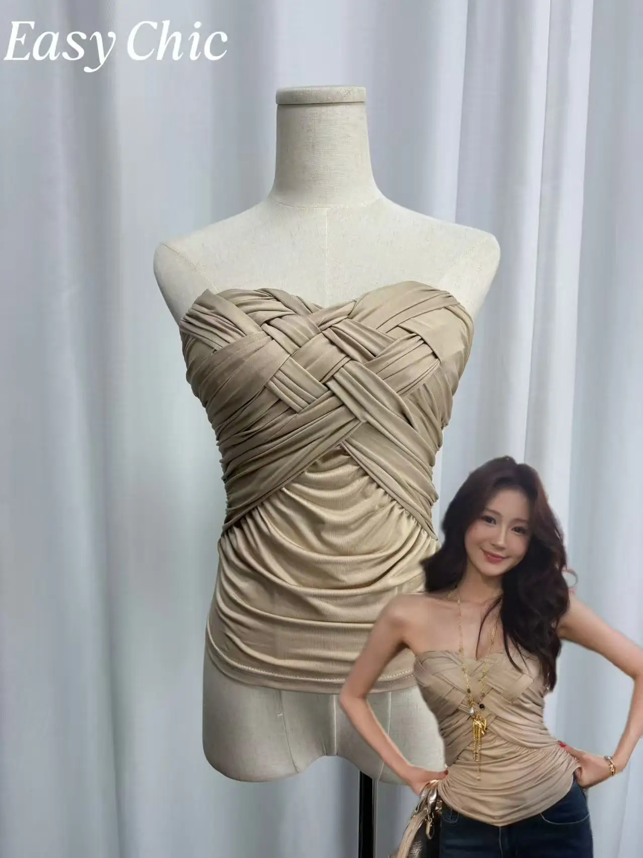 

Wild Kiwi Woven Tube Top with Built-in Padding, Designer-Inspired Ruched Waist-Hugging Slim Fit Cropped Top for Women