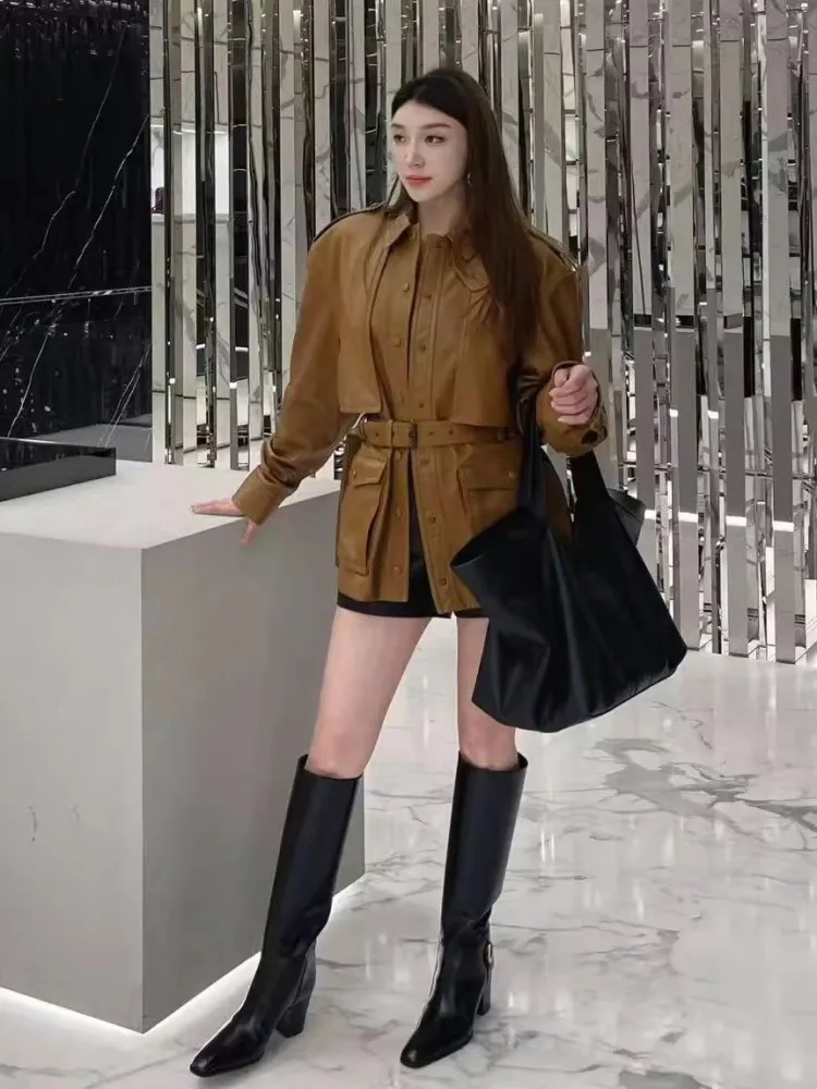 Fashion Echtes Leder Frauen Jacke Einreiher Epaulet Gürtel Retro Motorrad Oberbekleidung Echt Schaffell Mid Lange Party Mantel