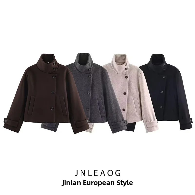 JNLEAOG Autumn New Women's Fashion Short Coat Jacket Stand Collar Coat Outerwear Polyester Standard Fit Pure Color Warmth