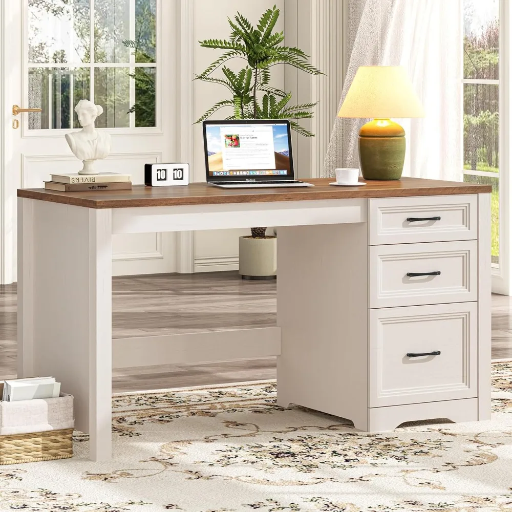 

55 wooden administrative desk with 3 drawers, farmhouse computer desk with storage cabinet and file drawer