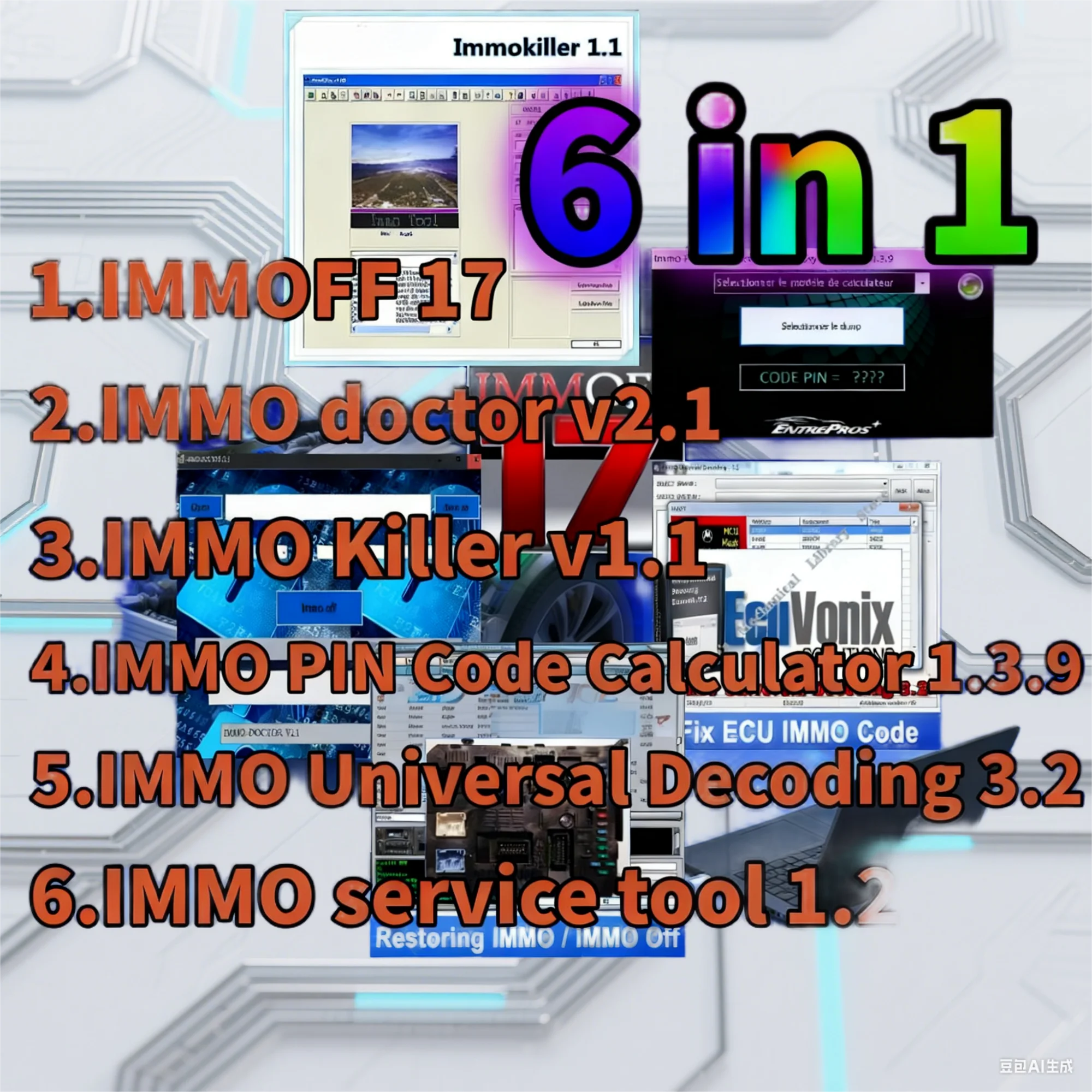 

Anti-Theft Car Immobilizer Immoff17 Immo Off Universal Decoding Software Pack Service Doctor Tool V2.1 Servicetool 1.2 Killer V1.1 Pin Code 1.3.9