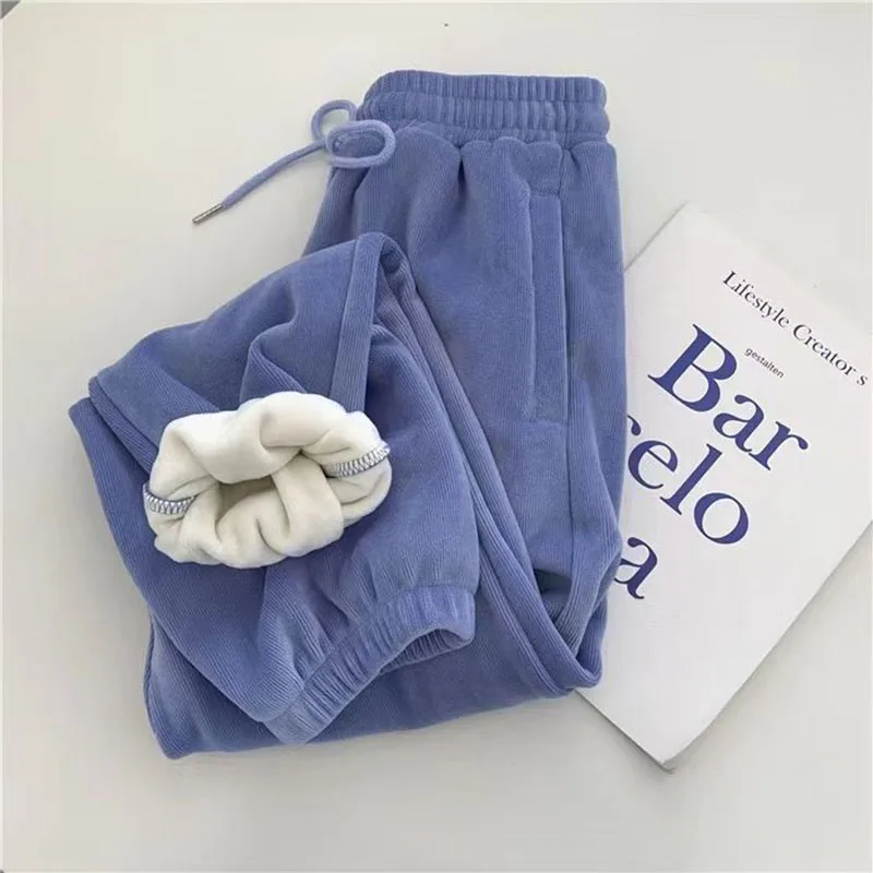 Gidyq pantaloni a gamba larga in velluto a coste invernale donne coreane a vita alta spessi caldi pantaloni sportivi Casual larghi femminili tutti