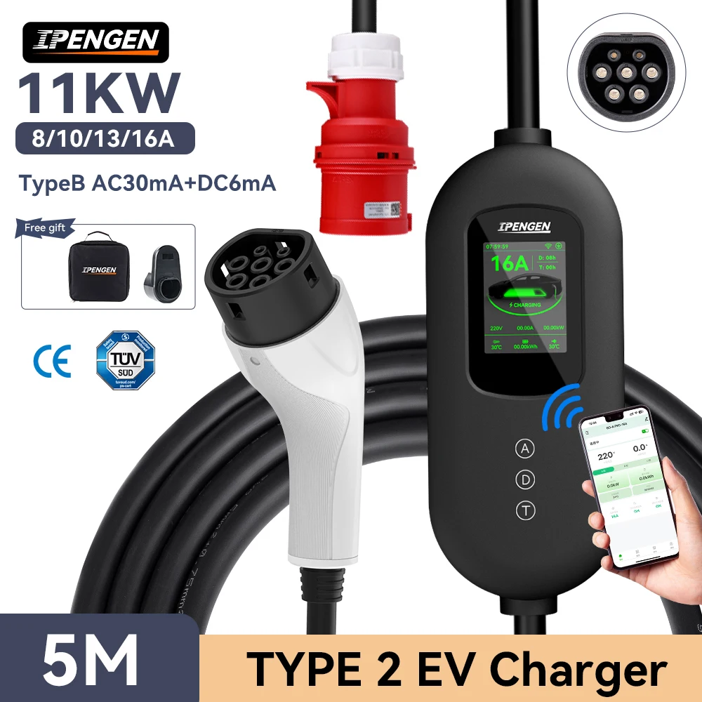 

IPENGEN 11KW 16A EV Portable Charger TUV Type2 EVSE Charging Box CEE Plug Three Phase Fast Charging TypeB Leakage Protection