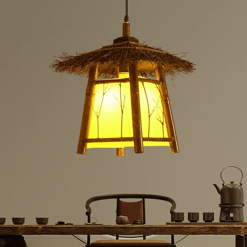 

pavilion chandelier Chinese restaurant tea room bed and breakfast courtyard thatched house bamboo weaving art creative lamps