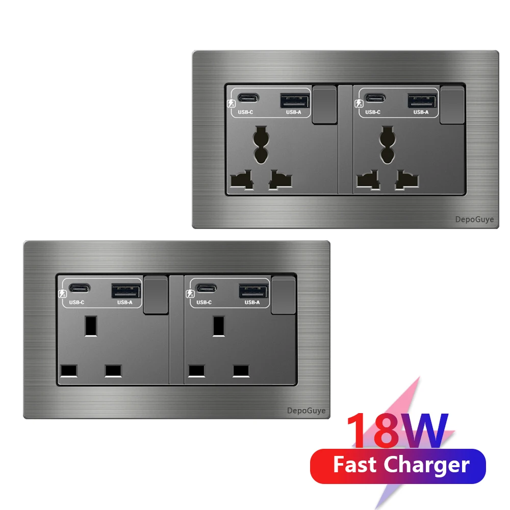 UK 18W Type-C Fast Charging Dual Power Outlet,Brushed aluminum Uk 13A Usb Wall Socket,220V Electrical Light Switch Panel