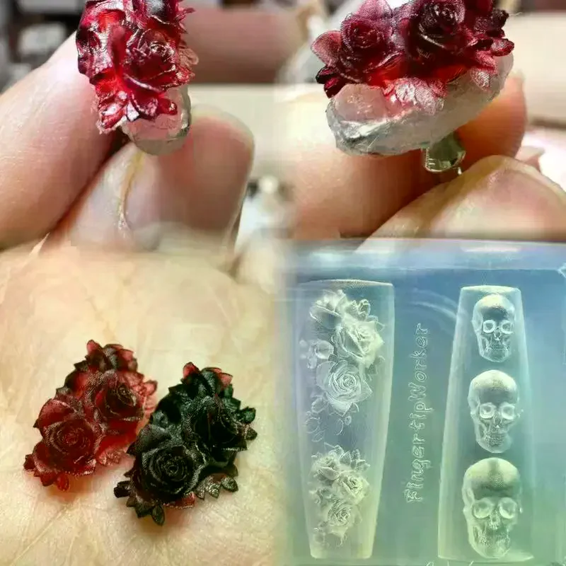 Rose Flower Skull Silicone Nail Art Molds DIY Skeleton Hand Design Transparent Carving Mold Nail Art Decorations