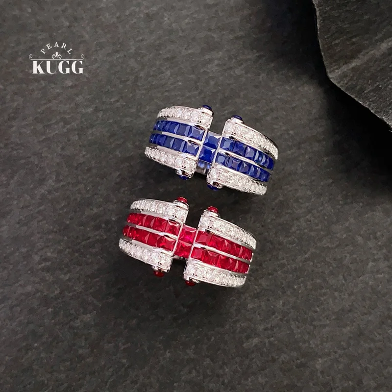 

KUGG 100% кольца из белого золота 18 карат, модное кольцо в этническом стиле с блестящими бриллиантами, натуральный рубин/сапфир, кольцо с драгоценным камнем для женщин, старшего банкета