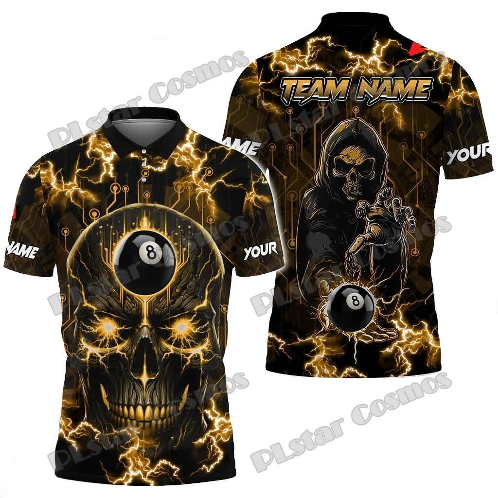 Billiards Skull Thunder Personalized Name, Team Name 3D Printed Premium Men's Polo Shirt Summer Casual Polo Shirt POL167