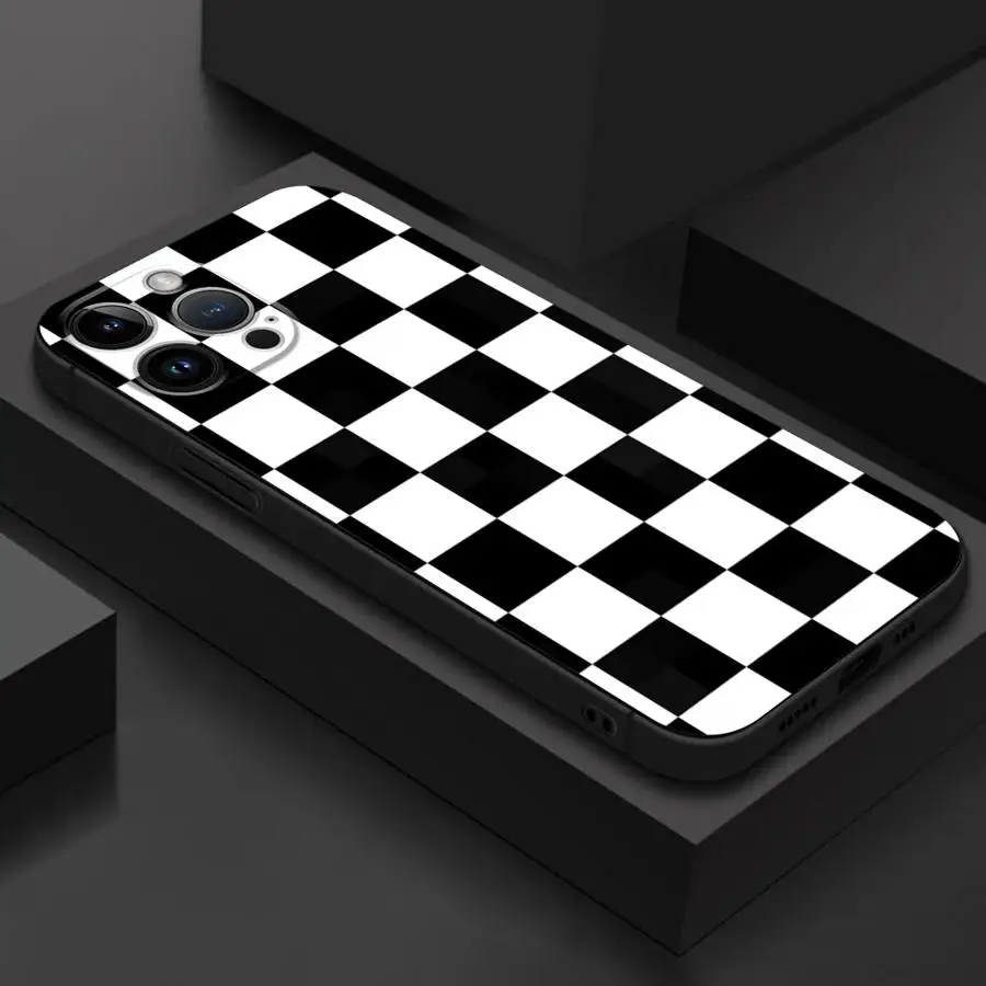 Casing ponsel TPU desain kotak-kotak hitam putih cocok untuk iPhone 17 16 15 14 13 1211 Pro/ Max /Plus, casing lembut matte all-inclusive
