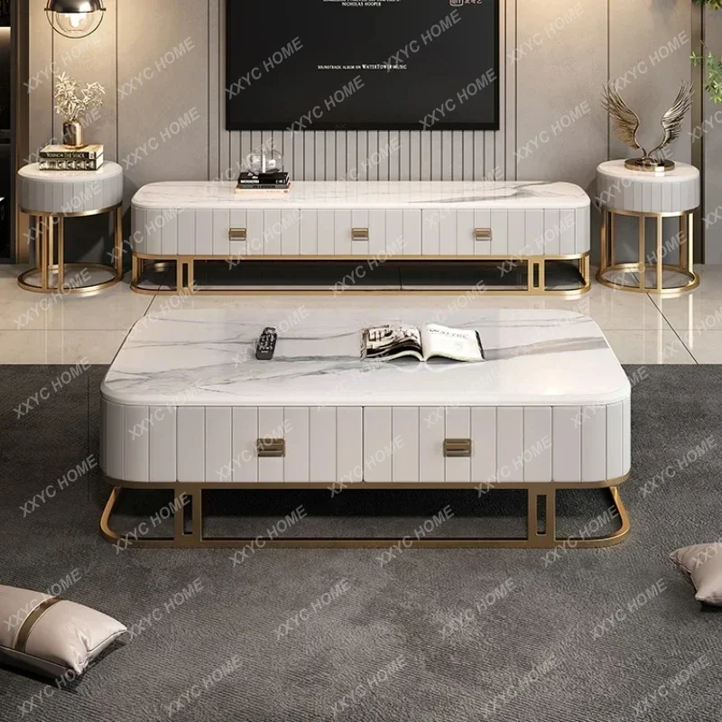 Q خزانة تلفزيون وطاولة شاي مجموعة أثاث غرفة المعيشة سطح من الرخام حامل تلفزيون خزانة أرضية منخفضة