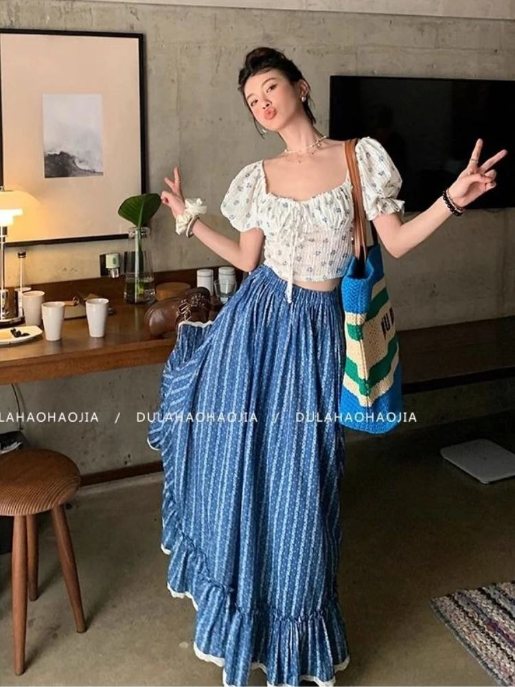 Vintage High Waist Blue White Striped Maxi Skirt Women Y2k Grunge A-line Spring Summer Long Skirt Lace Loose Mujer Skirts New