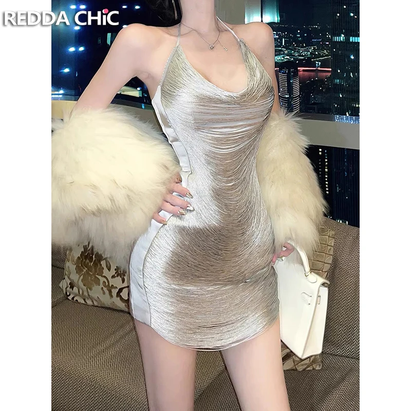 

REDDACHiC Fringe Mini Party Dress for Women Cowl Neck Backless Slim Fit Halter Bodycon One-piece Cocktail Party Vintage Clothes