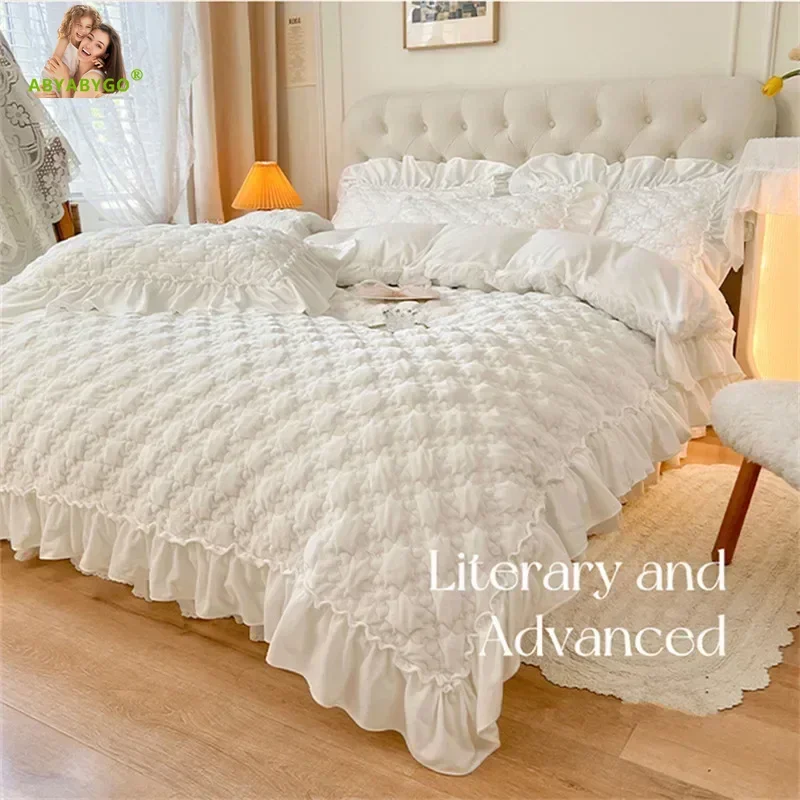 Vintage Winter Bedding Set French Double Layer Ruffle Carved Milk Velvet Duvet Cover Plush Quilt Cover Bed Sheet and Pillowcase