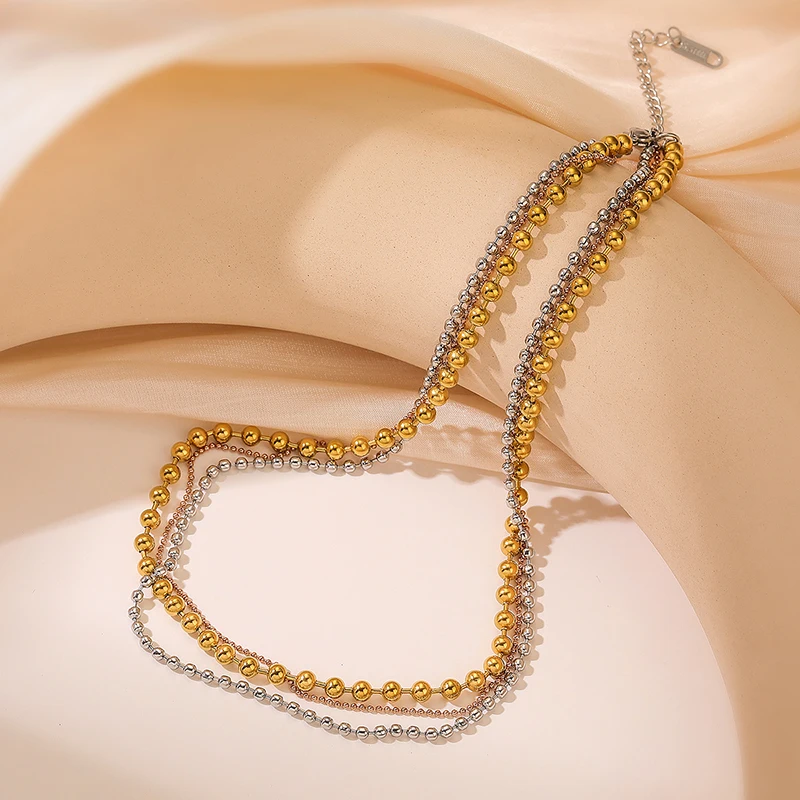 EILIECK 316L Stainless Steel Multilayer Beads Chain Necklace For Women Fashion 3-Color Waterproof Neck Chain Jewelry Lady Gift