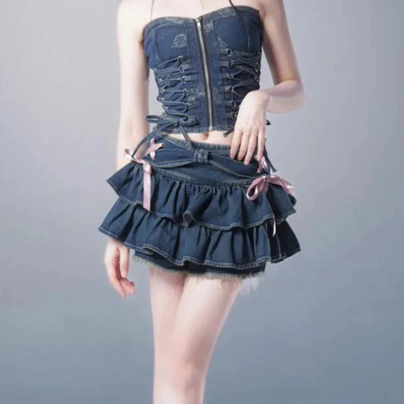 Women Blue Denim Pleated Skirt Bow Harajuku A-Line Patchwork Cute Sexy Skirts Kawaii Ruffles Waist Korean Hotsweet Jeans Skirt