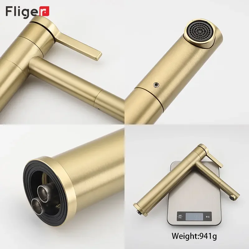 Fliger Gold Bathroom Sink Faucet Tall Basin Faucet Bathroom Faucet Countertop Sink Faucet Hot Cold 360° Rotating Mixer Crane