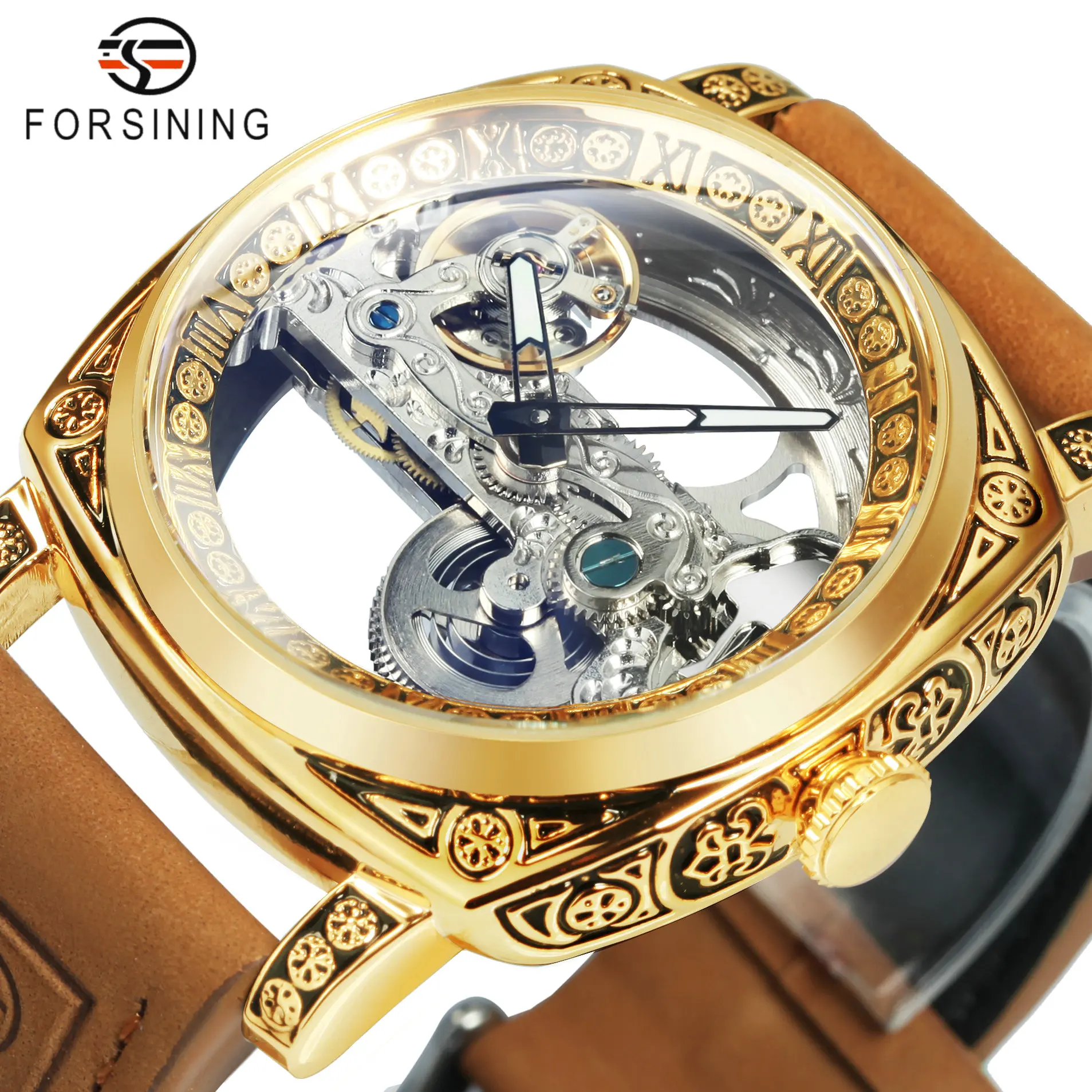Forsining Royal Square Skeleton Automatic Mechanical Watch for Men Leather Strap Luminous Luxury Brand Business Mens Watches New