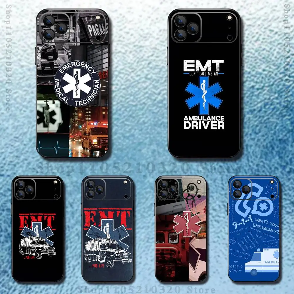 

EMT EMS Ambulance Phone Case For iPhone 17,16,15,14,13,12,11,Pro Max,XSX,,XR,SE,Mini,8,7,Soft Silicone Black Cover