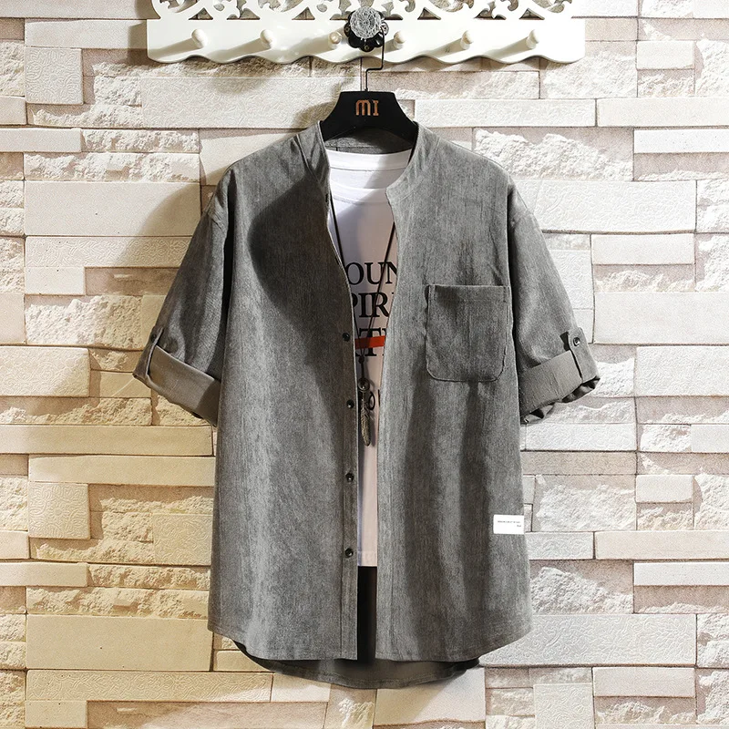 

2025 Spring Summer New Men Casual Mid Sleeve Corduroy Shirt Retro Simple Male Top
