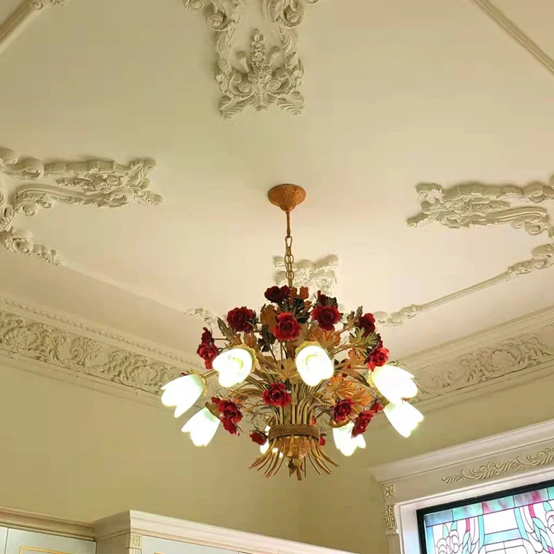 American Retro Glass Korean Lantern Grass Chandeliers Living Room Lamp Dining Room Lights Pendant Iron Flower Room Decoration