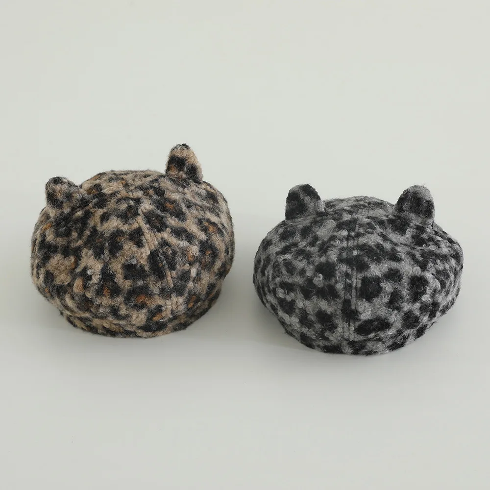 2025 Autumn Winter Leopard Print Warm Rabbit Fur Octagonal Hats For Baby Boys Gilrs  Berets Painter Hat Beanie Caps