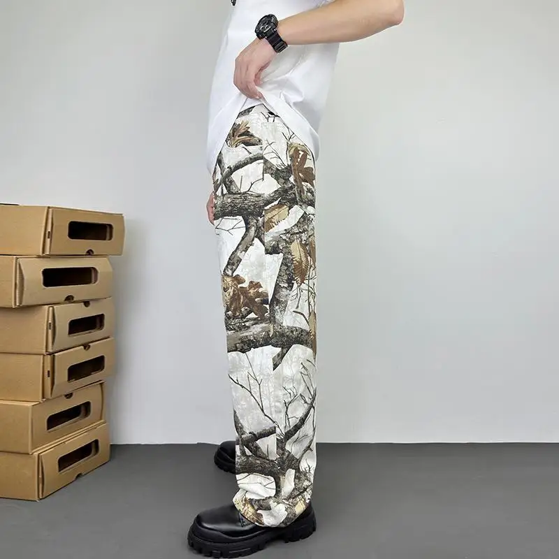 

Graffiti Maple Leaf Pants Black Branches Deciduous Camouflage Denim Loose Straight Casual Long Men