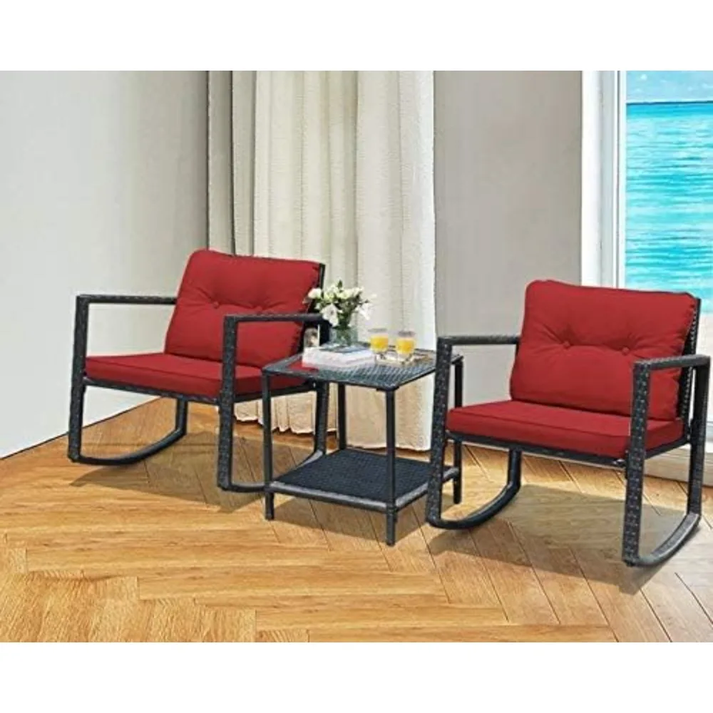 Zestaw mebli ogrodowych z wikliny rattanowej: 3-częściowy zestaw bistro z fotelami bujanymi i stolikiem kawowym